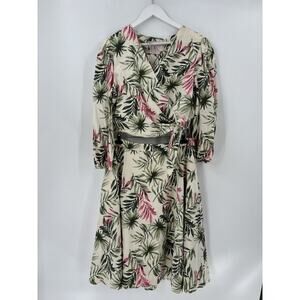 Gal Meets Glam Outfit Set Womens 18 Beige Green Palm Print Tropical Floral Linen